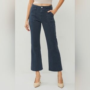 Risen | High Rise Patch Pocket Ankle Flare Jeans Pants Navy Indigo Blue 29